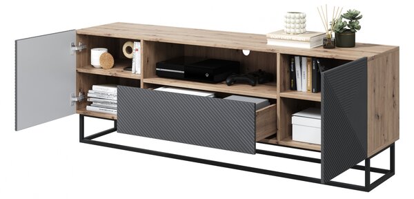 TV stolík Asha 167 cm so zásuvkou a kovovou podnožou - artisan / rivier stone mat