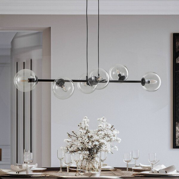 Závesné svietidlo Glassy, 6-pl., čierne, číre, sklo, 110 cm, Čierna, Obývacia izba / jedáleň, kov, Moderný, Závesné svietidlo
