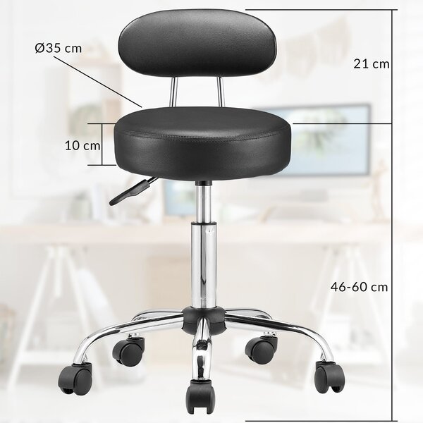 Taburetka na kolieskach s operadlom ROLAND, Ø35cm, čierna Casaria