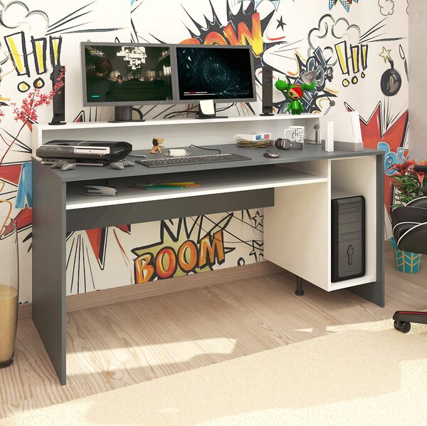 KONDELA PC stôl/herný stôl, grafit/biela, TEZRO NEW