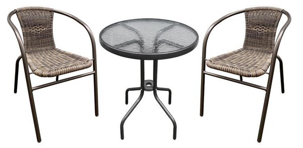 Set balkónový ratanový hnedý, stôl 71x60 cm, 2x stolička 59x53x73 cm