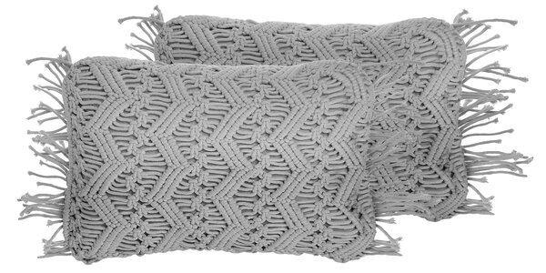 Sada 2 dekoratívnych vankúšov sivá bavlnená makramé 30 x 45 cm so strapcami boho retro dekoratívne doplnky