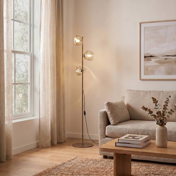 TK Lighting Stojacia lampa Lava, piesková/koňaková, sklo, 151 cm, 3-pl., G9, Krémová / jantárovo žltá, Obývacia izba / jedáleň, Sklo, Moderný, Stojaca lampa