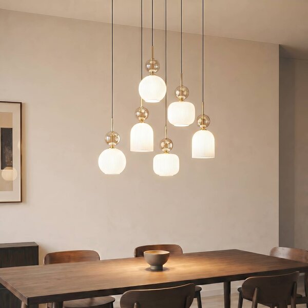 Závesné svietidlo Sophia, 6-pl., biela/koňaková, dĺžka 65 cm, E14, Biela / opálová, Obývacia izba / jedáleň, Sklo, Moderný, Závesné svietidlo