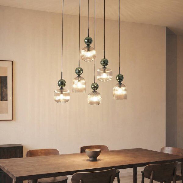 TK Lighting Závesné svietidlo Sophia, 6-pl., koňaková/zelená, dĺžka 65 cm, E14, Zelená, Obývacia izba / jedáleň, Sklo, Moderný, Závesné svietidlo