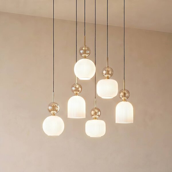 Závesné svietidlo Sophia, 6-pl., biela/koňaková, dĺžka 65 cm, E14, Biela / opálová, Obývacia izba / jedáleň, Sklo, Moderný, Závesné svietidlo