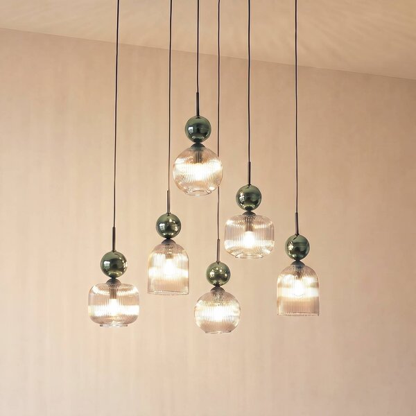 TK Lighting Závesné svietidlo Sophia, 6-pl., koňaková/zelená, dĺžka 65 cm, E14, Zelená, Obývacia izba / jedáleň, Sklo, Moderný, Závesné svietidlo