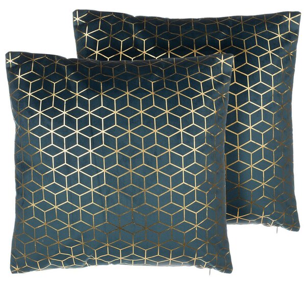 Sada 2 dekoratívnych vankúšov modrý zamat kockovaný vzor 45 x 45 cm geometrická fóliová potlač moderné glamour doplnky