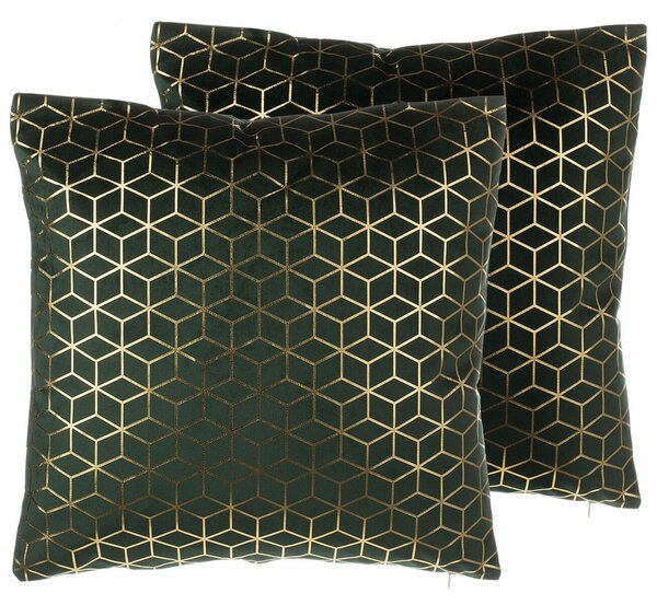 Sada 2 dekoratívnych vankúšov zelený zamat kockovaný vzor 45 x 45 cm geometrická fóliová potlač moderné glamour doplnky