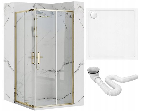 Rea Punto, sprchový kút s posuvnými dverami 80(dvere) x 80(dvere) x 190 cm, 5mm číre sklo, zlatý lesklý profil + biela sprchová vanička Savoy, KPL-K6441
