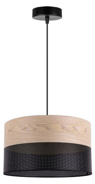 Závesné svietidlo Wood, 1x béžová dubová dýha/čierne PVC tienidlo, (fi 30cm)