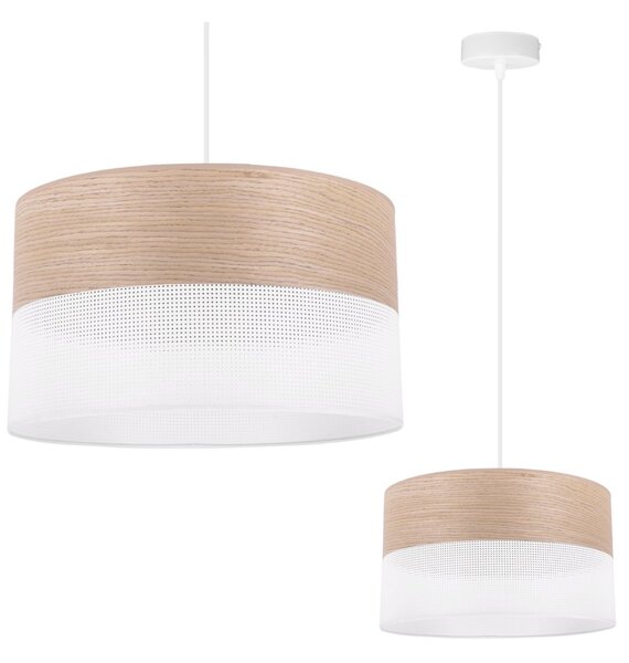 Závesné svietidlo Wood, 1x béžová dubová dýha/biele PVC tienidlo, (fi 30cm)