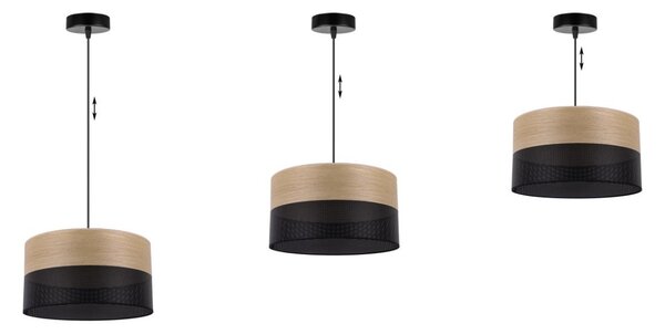 Závesné svietidlo Wood, 1x dýha zlatý dub/čierne PVC tienidlo, (fi 30cm)