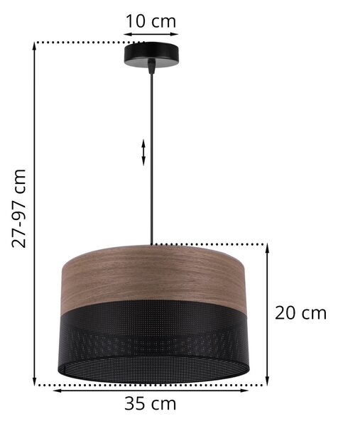 Závesné svietidlo Wood, 1x hnedá orechová dýha/čierne PVC tienidlo, (fi 35cm)