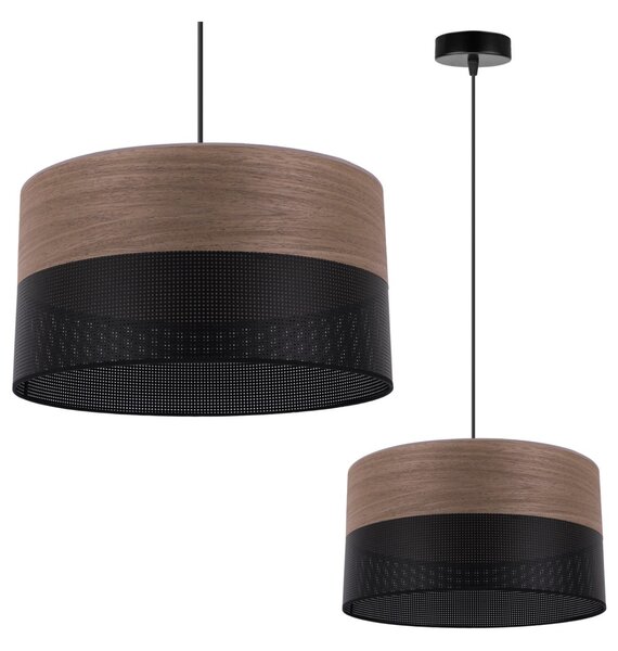 Závesné svietidlo Wood, 1x hnedá orechová dýha/čierne PVC tienidlo, (fi 35cm)