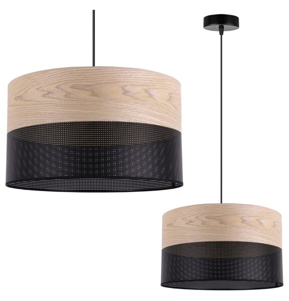 Závesné svietidlo Wood, 1x béžová dubová dýha/čierne PVC tienidlo, (fi 35cm)