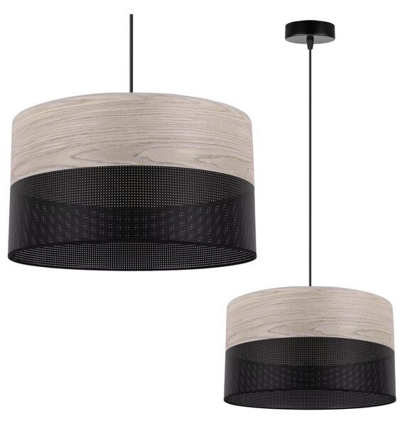 Závesné svietidlo Wood, 1x svetlobéžová dubová dýha/čierne PVC tienidlo, (fi 35cm)