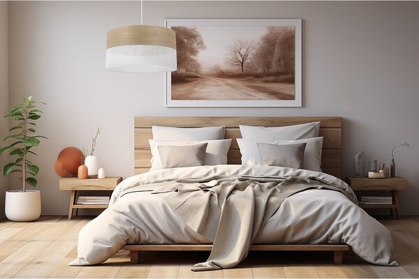 Závesné svietidlo Wood, 1x dýha zlatý dub/biele PVC tienidlo, (fi 40cm)