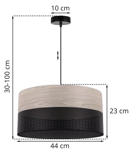 Závesné svietidlo Wood, 1x svetlobéžová dubová dýha/čierne PVC tienidlo, (fi 44cm)