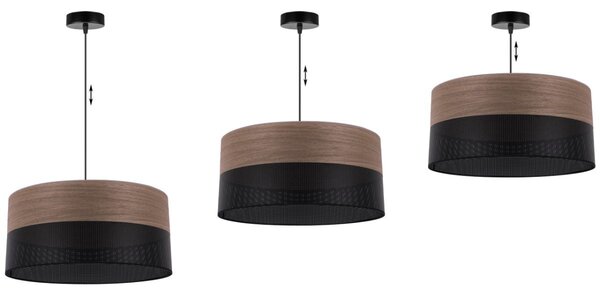 Závesné svietidlo Wood, 1x hnedá orechová dýha/čierne PVC tienidlo, (fi 44cm)
