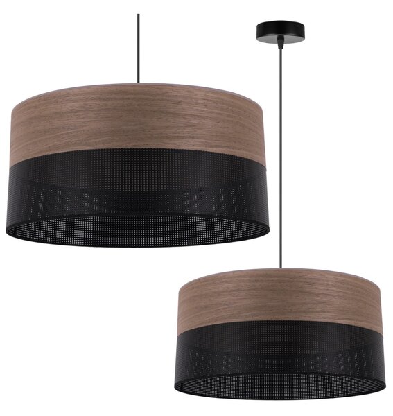 Závesné svietidlo Wood, 1x hnedá orechová dýha/čierne PVC tienidlo, (fi 44cm)