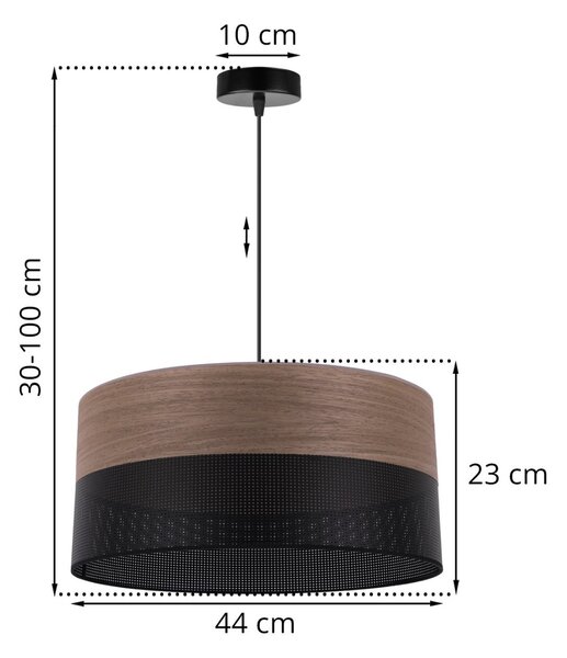 Závesné svietidlo Wood, 1x hnedá orechová dýha/čierne PVC tienidlo, (fi 44cm)