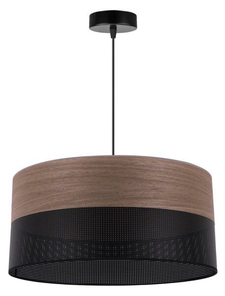 Závesné svietidlo Wood, 1x hnedá orechová dýha/čierne PVC tienidlo, (fi 44cm)