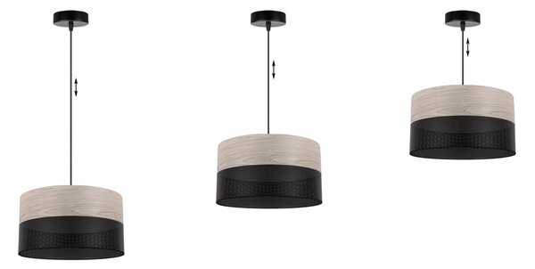 Závesné svietidlo Wood, 1x svetlobéžová dubová dýha/čierne PVC tienidlo, (fi 30cm)