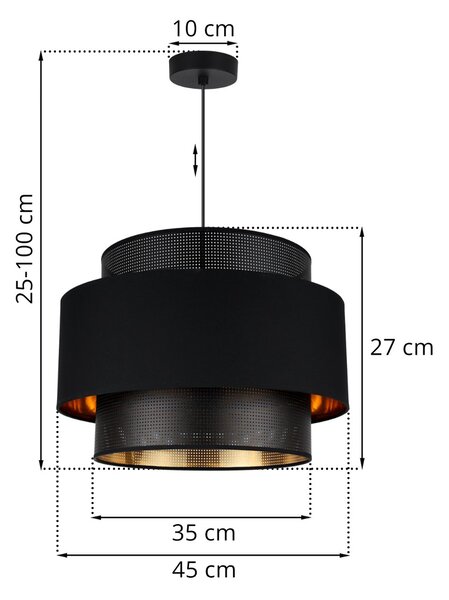 Závesné svietidlo Asti, 1x PVC/čierne textilné tienidlo, (fi 45cm), g/c