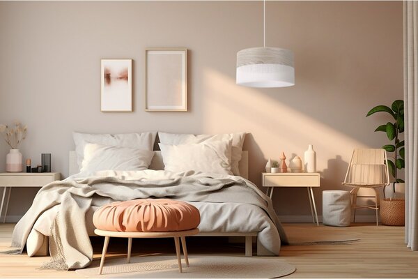 Závesné svietidlo Wood, 1x svetlobéžová dubová dýha/biele PVC tienidlo, (fi 40cm)