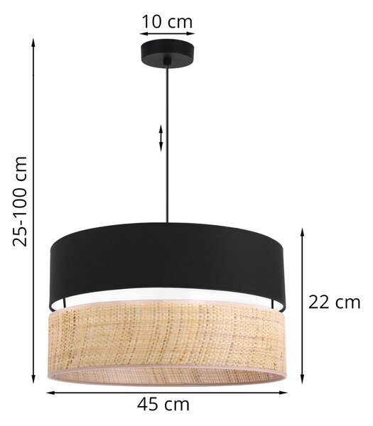Závesné svietidlo Rattan, 1x ratanové/čierne textilné tienidlo, (fi 45cm)