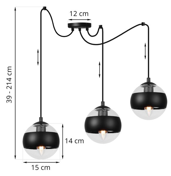 Závesne svietidlo Toledo Spider, 3x čierne/transparentné sklenené tienidlo, B