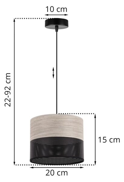Závesné svietidlo Wood, 1x svetlobéžová dubová dýha/čierne PVC tienidlo, (fi 20cm)
