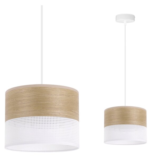 Závesné svietidlo Wood, 1x dýha zlatý dub/biele PVC tienidlo, (fi 20cm)