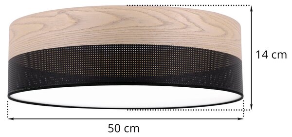 Stropné svietidlo Wood, 1x béžová dubová dýha/čierne PVC tienidlo, (biele plexisklo), (fi 50cm)