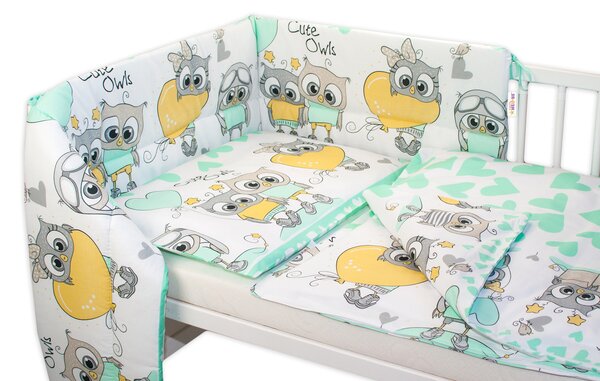 Baby Nellys 3- dielná sada mantinel s obliečkami 135x100 cm, Cute Owls - zelená