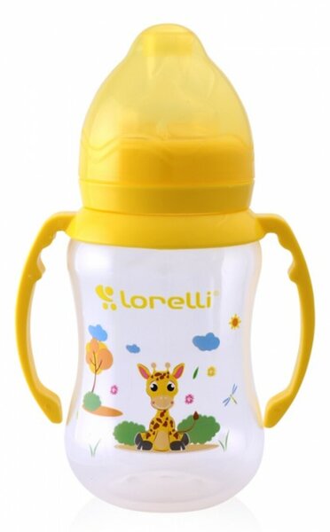 Dojčenská fľaštička Lorelli 250 ml so širokým hrdlom a uškami ANIMALS, yellow