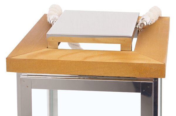 Lampáš svetlé drevo so strieborným kovom výška 41 cm stĺpový držiak na sviečku s lanovou rúčkou