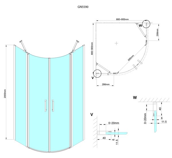 Gelco Gelco, LORO štvrťkruhová sprchová zástena 900x900mm, číre sklo, pravá, GN5590