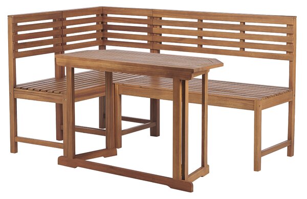 Rohová balkónová lavica so stolíkom svetlé akáciové drevo 160 x 100 cm skladací stolík odolný vonkajší nábytok