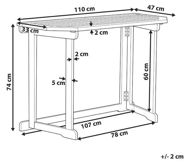 Balkónový stolík svetlé akáciové drevo 110 x 47 cm skladací nastaviteľný odolný vonkajší nábytok
