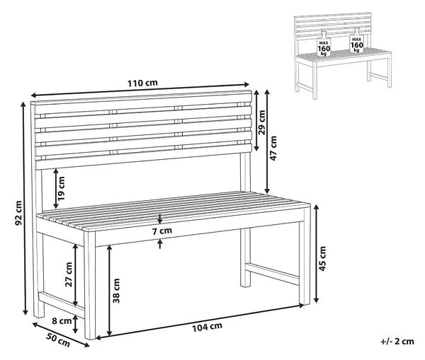Balkónová lavička svetlé akáciové drevo 50 x 110 cm pre 2 osoby odolný vonkajší nábytok