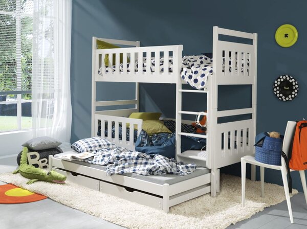 MAXMAX Detská poschodová posteľ z masívu borovice KLÁRA s prístelkou a šuplíkmi - 200x90 cm - BIELA