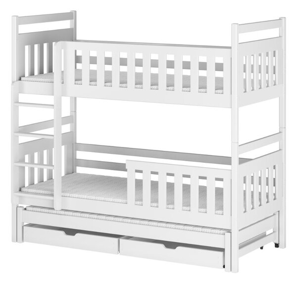 MAXMAX Detská poschodová posteľ z masívu borovice KLÁRA s prístelkou a šuplíkmi - 200x90 cm - BIELA