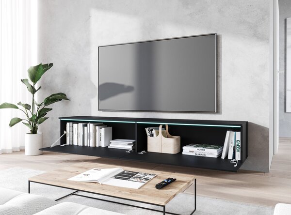 TV stolík CERIEE 180 - čierny grafitový / vzor rybia kosť, dub wotan
