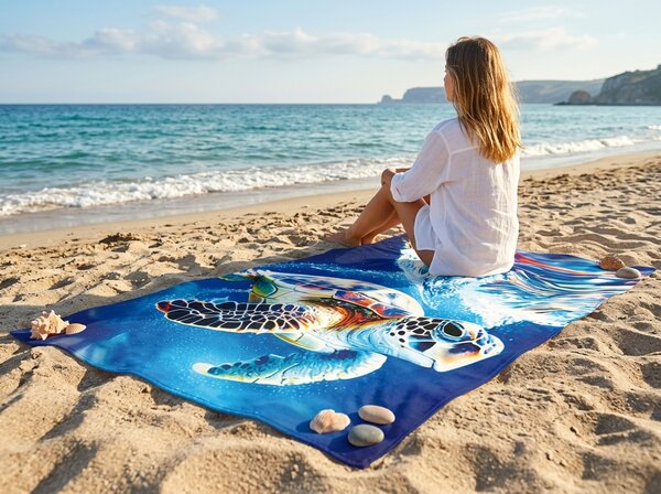 Rýchloschnúca XXL plážová osuška CHELONIA modrá 150 x 210 cm, 100% mikrovlákno