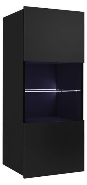 Presklená závesná vitrína s LED modrým osvetlením CHEMUNG - čierna / lesklá čierna