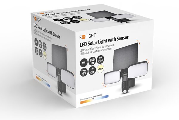 SOLIGHT LED solárne osvetlenie so senzorom 9W 850lm 4000K Li-Ion IP54