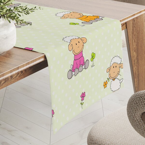 Biante Detský bavlnený behúň na stôl Sandra SA-729 Veselé ovečky na svetlo zelenom bodkovanom 20x120 cm