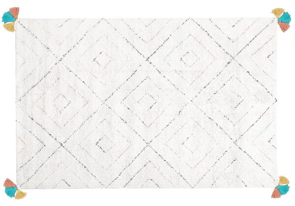 Koberec huňatý biely so strapcami 140 x 200 cm viacfarebný s geometrickým vzorom